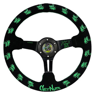 NRG Innovations® - 3-Spoke Forrest Wang Signature Black Suede Reinforced Steering Wheel with Green Stitching