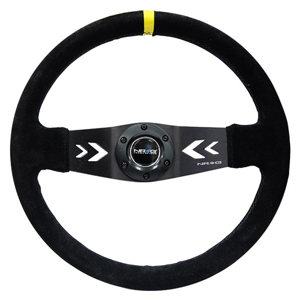 NRG Innovations® - 2-Spoke Black Suede Reinforced Steering Wheel with NRG "Arrow" Cut Out in The Spoke and Yellow Center Mark