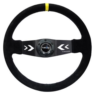 NRG Innovations® - 2-Spoke Black Suede Reinforced Steering Wheel with NRG "Arrow" Cut Out in The Spoke