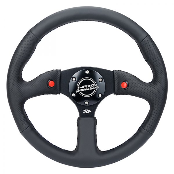 NRG Innovations® - 3-Spoke Black Leather Reinforced Steering Wheel with Leather Finish and Dual Button