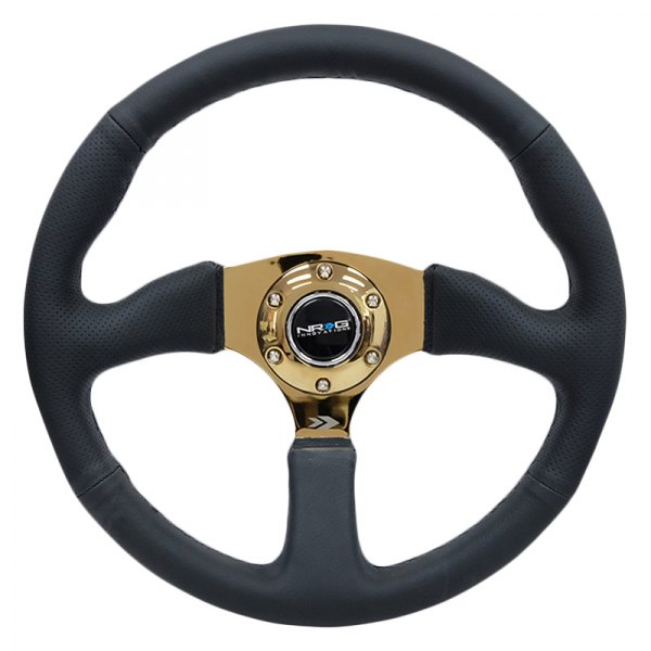 NRG Innovations® - 3-Spoke Black Leather Reinforced Steering Wheel with Comfort Grip and Gold Spokes