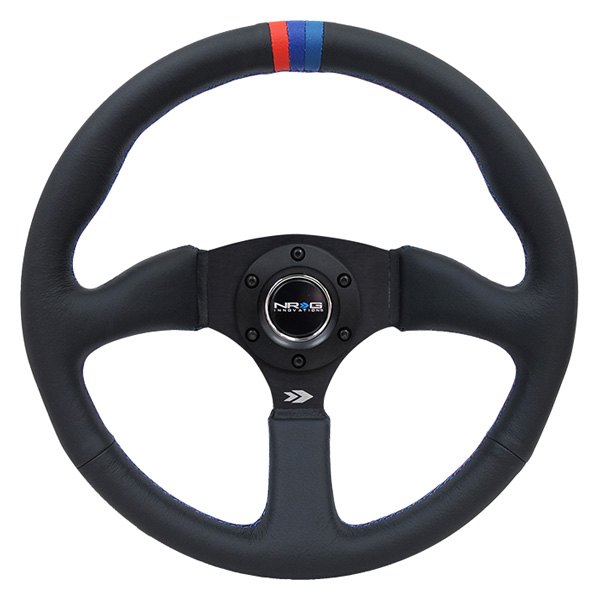 NRG Innovations® - 3-Spoke Black Leather Reinforced Steering Wheel with M3 Stitching and Line