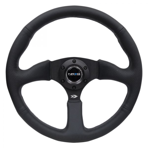 NRG Innovations® - 3-Spoke Black Leather Reinforced Steering Wheel with Comfort Grip and Black Spokes