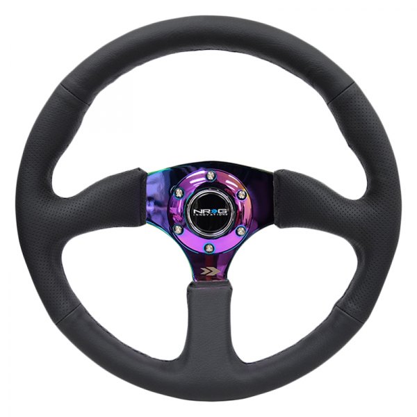 NRG Innovations® - 3-Spoke Black Leather Reinforced Steering Wheel with Comfort Grip and Neo Chrome Spokes