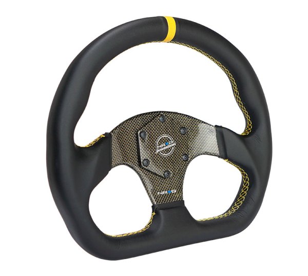 NRG Innovations® - 3-Spoke Flat Bottom Black Leather Reinforced Steering Wheel with Yellow Center Mark and Carbon Fiber Center Spoke