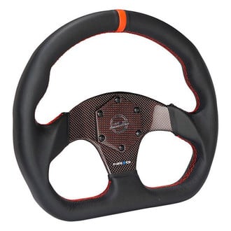 NRG Innovations® - 3-Spoke Flat Bottom Black Leather Reinforced Steering Wheel with Red Center Mark and Carbon Fiber Center Spoke