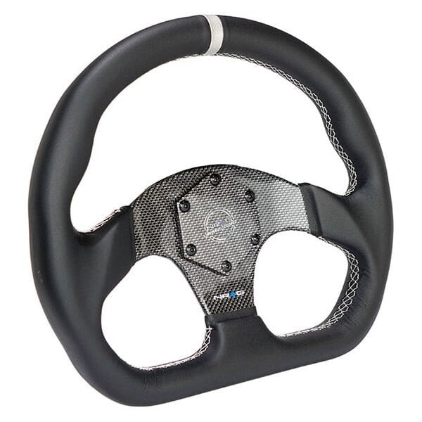 NRG Innovations® - 3-Spoke Flat Bottom Black Leather Reinforced Steering Wheel with Silver Center Mark and Carbon Fiber Center Spoke