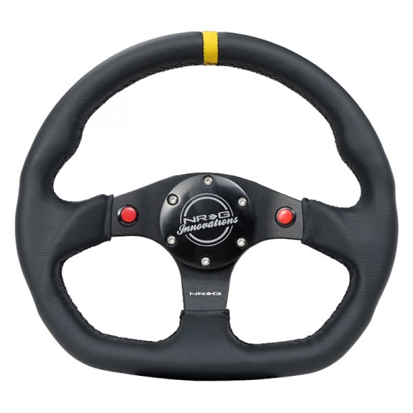 NRG Innovations® - 3-Spoke Flat Bottom Leather Black Reinforced Steering Wheel with Push Buttons