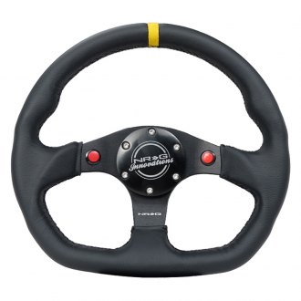 NRG Innovations® - 3-Spoke Flat Bottom Black Reinforced Steering Wheel with Push Buttons