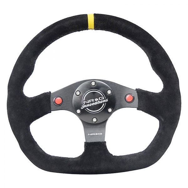 NRG Innovations® - 3-Spoke Flat Bottom Alcantara Black Reinforced Steering Wheel with Push Buttons