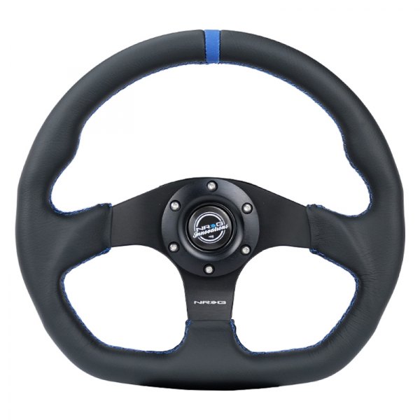 NRG Innovations® - 3-Spoke Flat Bottom Black Leather Reinforced Steering Wheel with Blue Center Mark