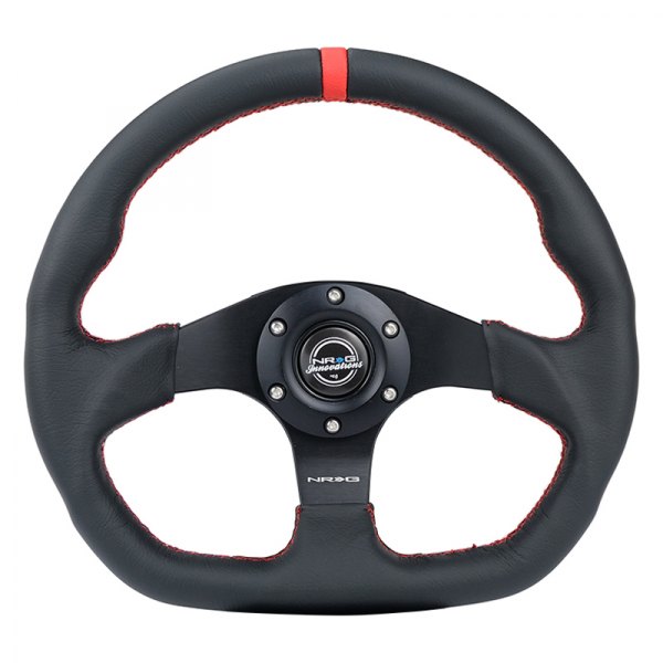 NRG Innovations® - 3-Spoke Flat Bottom Black Leather Reinforced Steering Wheel with Red Center Mark