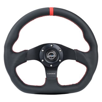 NRG Innovations® - 3-Spoke Flat Bottom Black Leather Reinforced Steering Wheel with Red Center Mark