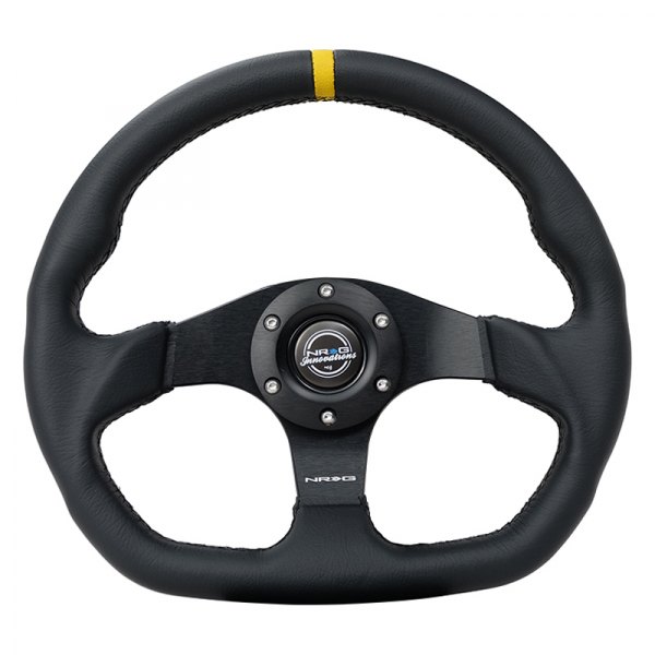 NRG Innovations® - 3-Spoke Flat Bottom Black Leather Reinforced Steering Wheel with Yellow Center Mark