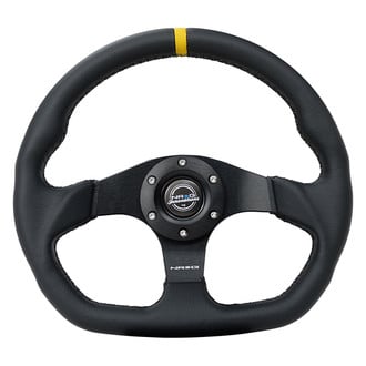 NRG Innovations® - 3-Spoke Flat Bottom Black Leather Reinforced Steering Wheel with Yellow Center Mark