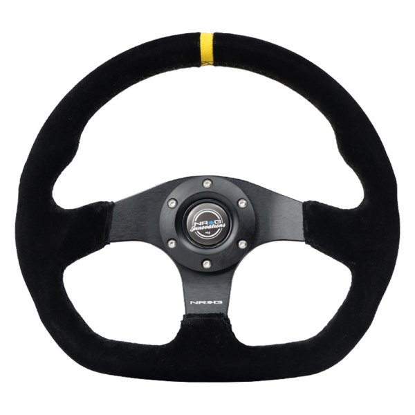 NRG Innovations® - 3-Spoke Flat Bottom Black Suede Reinforced Steering Wheel with Yellow Center Mark
