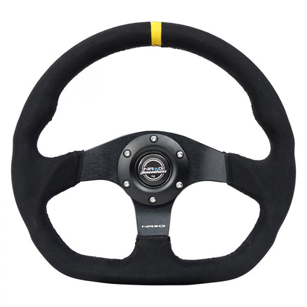 NRG Innovations® - 3-Spoke Flat Bottom Black Alcantara Reinforced Steering Wheel with Yellow Center Mark