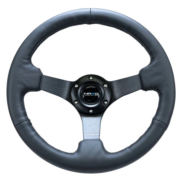 NRG Innovations® - 3-Spoke Black Leather Reinforced Steering Wheel with Black Matte Spokes and Criss Cross Stitching
