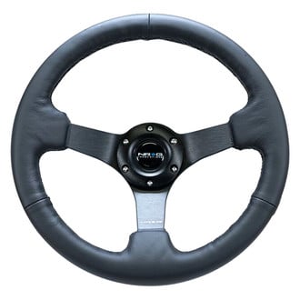 NRG Innovations® - 3-Spoke Black Reinforced Steering Wheel with Black Matte Spokes and Criss Cross Stitching