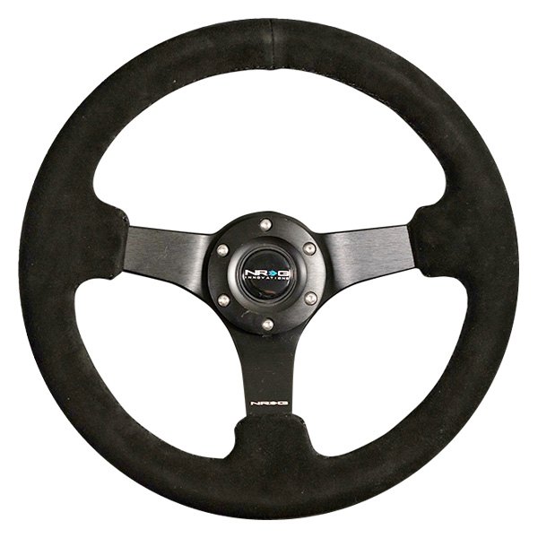 NRG Innovations® - 3-Spoke Black Suede Reinforced Steering Wheel with Black Matte Spokes and Criss Cross Stitching