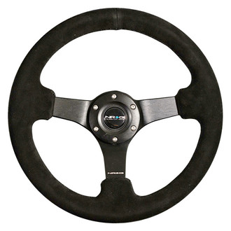 NRG Innovations® - 3-Spoke Black Reinforced Steering Wheel with Black Matte Spokes and Criss Cross Stitching