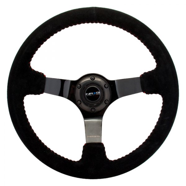NRG Innovations® - 3-Spoke Black Suede Reinforced Steering Wheel with Black Spokes and Red Baseball Stitching
