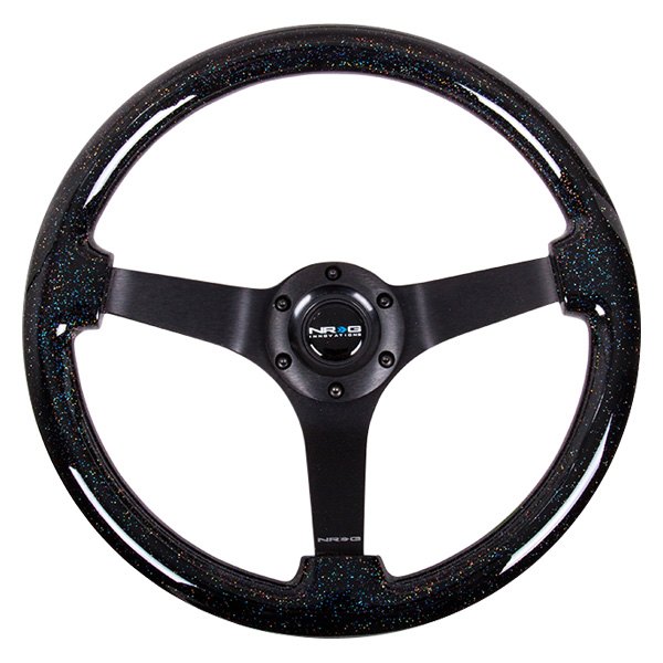 NRG Innovations® - 3-Spoke Classic Black Sparkled Wood Grain Reinforced Steering Wheel with Black Chrome Spokes