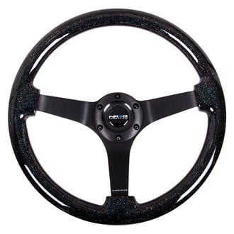 NRG Innovations® - 3-Spoke Classic Black Sparkled Wood Grain Reinforced Steering Wheel with Black Chrome Spokes