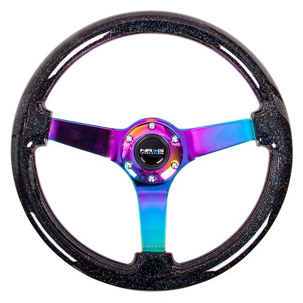 NRG Innovations® - 3-Spoke Classic Black Sparkled Wood Grain Reinforced Steering Wheel with Neo Chrome Spokes