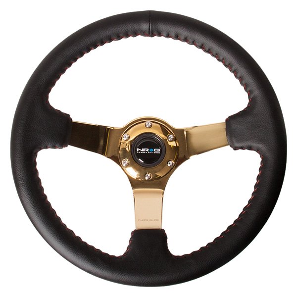 NRG Innovations® - 3-Spoke Black Leather Reinforced Steering Wheel with Gold Spokes and Red Baseball Stitching