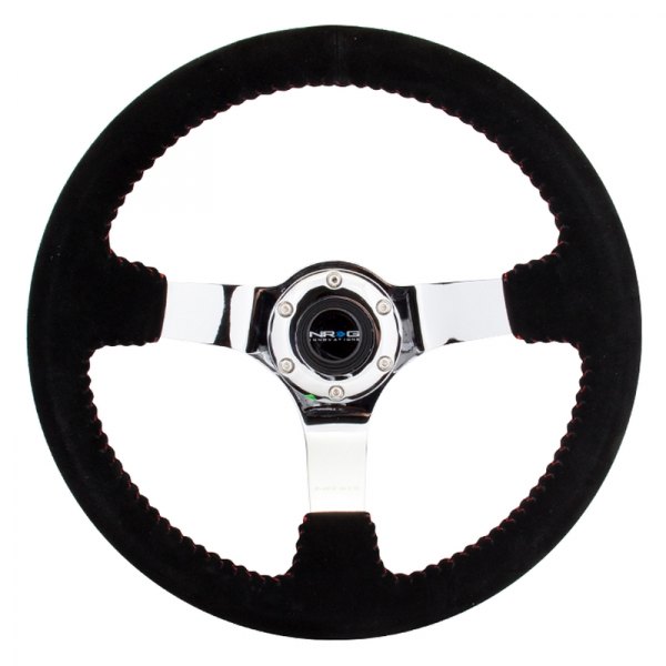 NRG Innovations® - 3-Spoke Black Suede Reinforced Steering Wheel with Chrome Spokes and Red Baseball Stitching