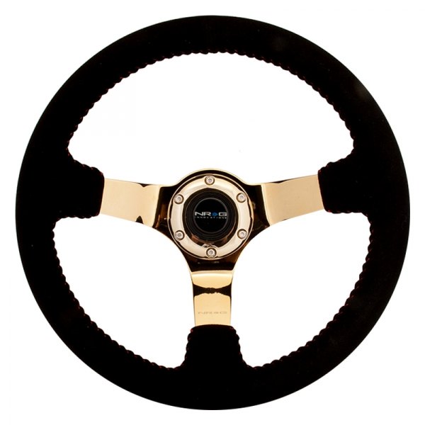 NRG Innovations® - 3-Spoke Black Suede Reinforced Steering Wheel with Chrome Gold Spokes and Red Baseball Stitching