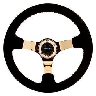 NRG Innovations® - 3-Spoke Black Suede Reinforced Steering Wheel with Chrome Gold Spokes and Red Baseball Stitching