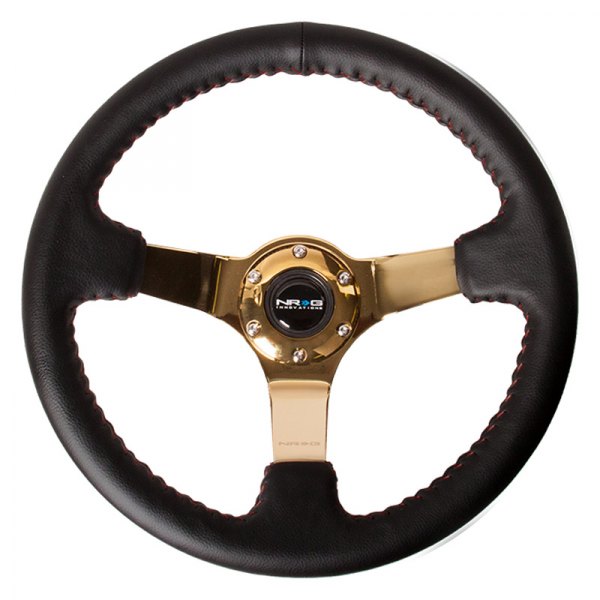 NRG Innovations® - 3-Spoke Black Leather Reinforced Steering Wheel with Chrome Gold Spokes and Red Baseball Stitching