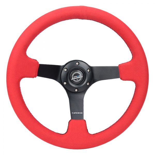 NRG Innovations® - 3-Spoke Red Alcantara Reinforced Steering Wheel with Black Baseball Stitching
