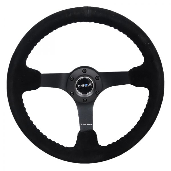 NRG Innovations® - 3-Spoke Black Suede Reinforced Steering Wheel with Matte Black Spokes and Black Baseball Stitching