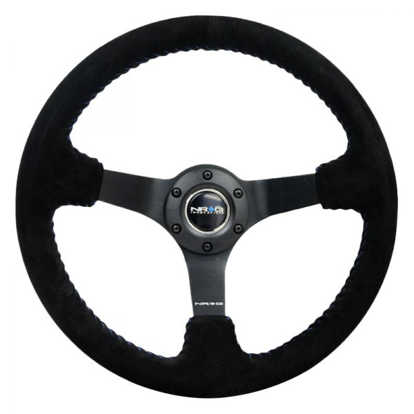 NRG Innovations® - 3-Spoke Black Suede Reinforced Steering Wheel with Matte Black Spokes and Blue Baseball Stitching