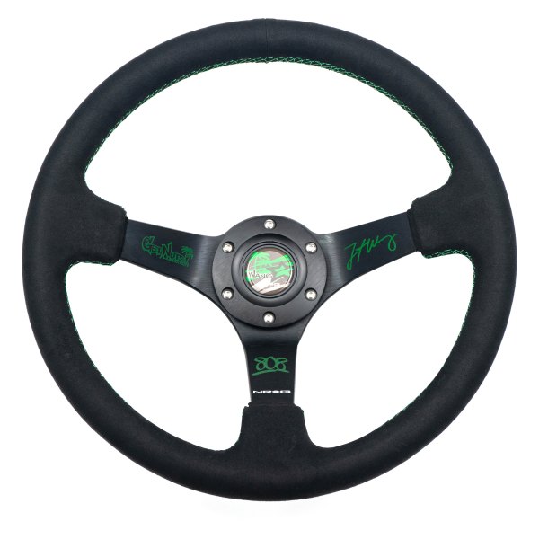 NRG Innovations® - 3-Spoke Forrest Wang Signature Black Alcantara Reinforced Steering Wheel with Green Stitching