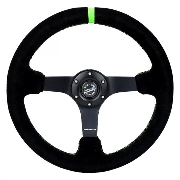 NRG Innovations® - 3-Spoke Black Suede Reinforced Steering Wheel with Neon Green Baseball Stitching and Neon Green Center Mark
