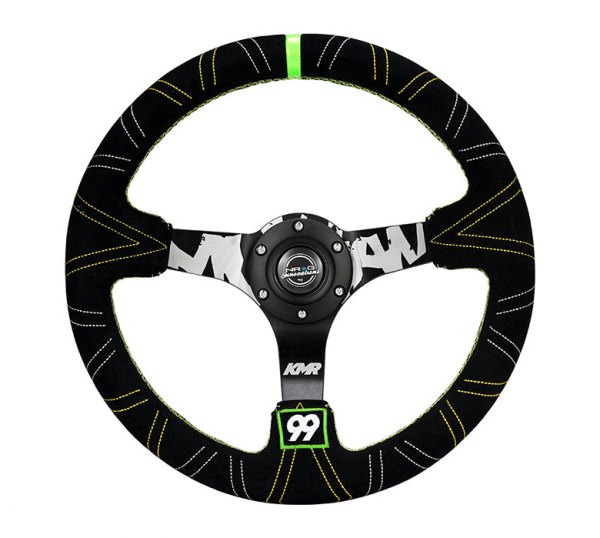 NRG Innovations® - 3-Spoke Kyle Mohan Signature Black Suede Reinforced Steering Wheel with Tri Color Stitching and Neon Green Stripe