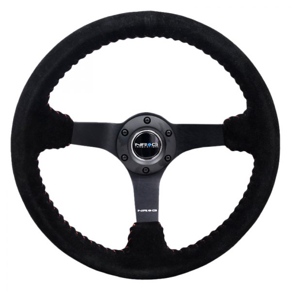 NRG Innovations® - 3-Spoke Black Suede Reinforced Steering Wheel with Matte Black Spokes and Red Baseball Stitching