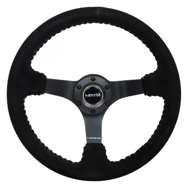 NRG Innovations® - 3-Spoke Black Suede Reinforced Steering Wheel with Matte Black Spokes and Silver Baseball Stitching