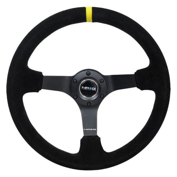 NRG Innovations® - 3-Spoke Black Suede Reinforced Steering Wheel with Black Criss Cross Stitching and Yellow Center Mark