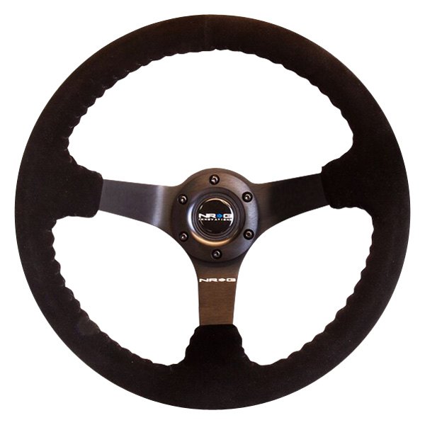 NRG Innovations® - 3-Spoke Black Suede Reinforced Steering Wheel with Matte Black Steel Spokes and Black Baseball Stitching
