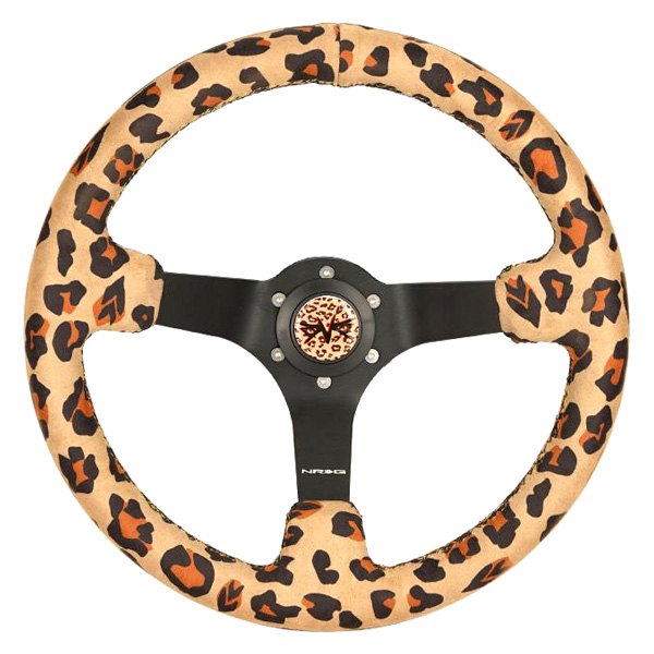 NRG Innovations® - 3-Spoke Savage Inspired Black Reinforced Steering Wheel with Brown Leopard Vegan Printed Fabric
