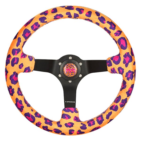 NRG Innovations® - 3-Spoke Savage Inspired Black Reinforced Steering Wheel with Orange Leopard Vegan Printed Fabric