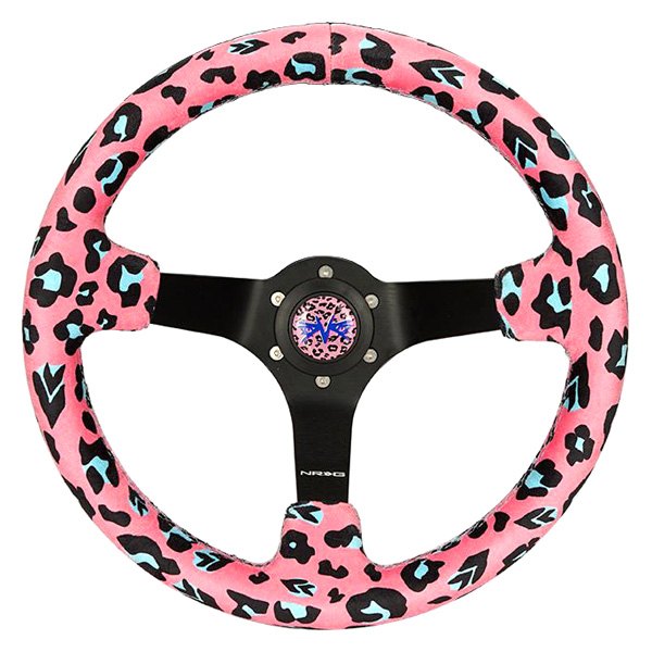 NRG Innovations® - 3-Spoke Savage Inspired Black Reinforced Steering Wheel with Pink Leopard Vegan Printed Fabric