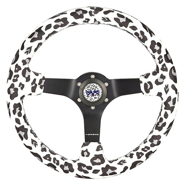 NRG Innovations® - 3-Spoke Savage Inspired Black Reinforced Steering Wheel with White Leopard Vegan Printed Fabric