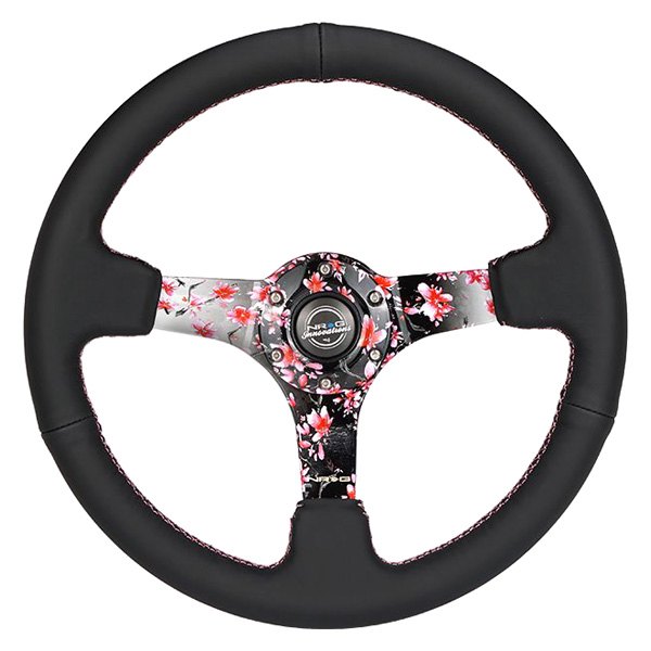 NRG Innovations® - 3-Spoke Hydro Dipped Sakura Floral Black Leather Reinforced Steering Wheel with Pink Stitching
