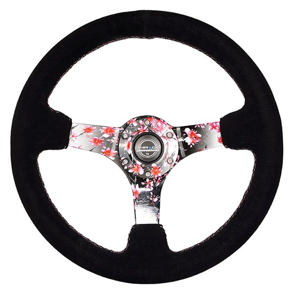 NRG Innovations® - 3-Spoke Hydro Dipped Sakura Floral Black Suede Reinforced Steering Wheel with Pink Stitching